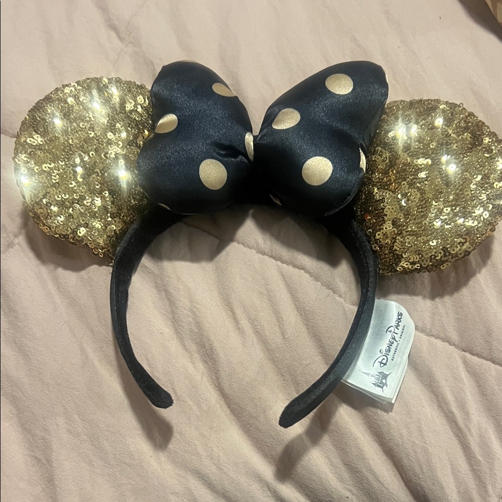 Vintage Disney Gold Sequin Ears Headband with Blue Poka Dot Bow